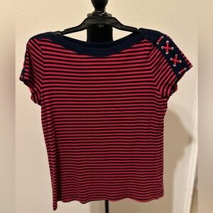 Chaps Women's Striped Lace-Up Shoulder Tee. Size Large. Preowned.